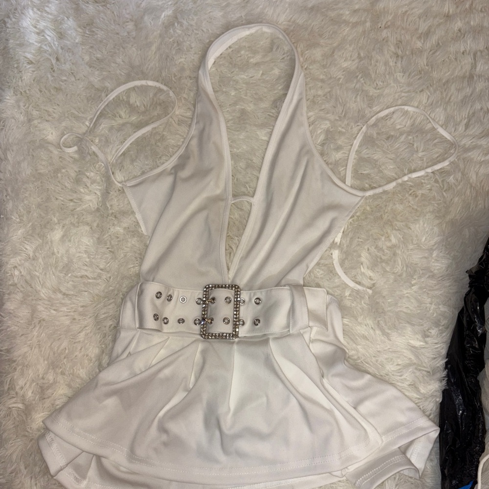 White Halter Top with Rhinestone Belt